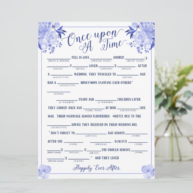 Once Upon A Time Love Story Bridal Libs Game Blue Invitation (Standing Front)