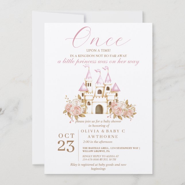 Once upon a time Pink Castle Princess Baby Shower Invitation (Front)