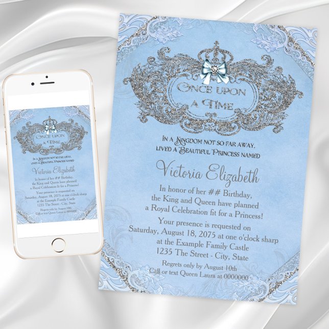 Once Upon a Time Princess Birthday Invitation (Cinderella princess birthday invitation with pretty silver crown on a blue and silver background.)