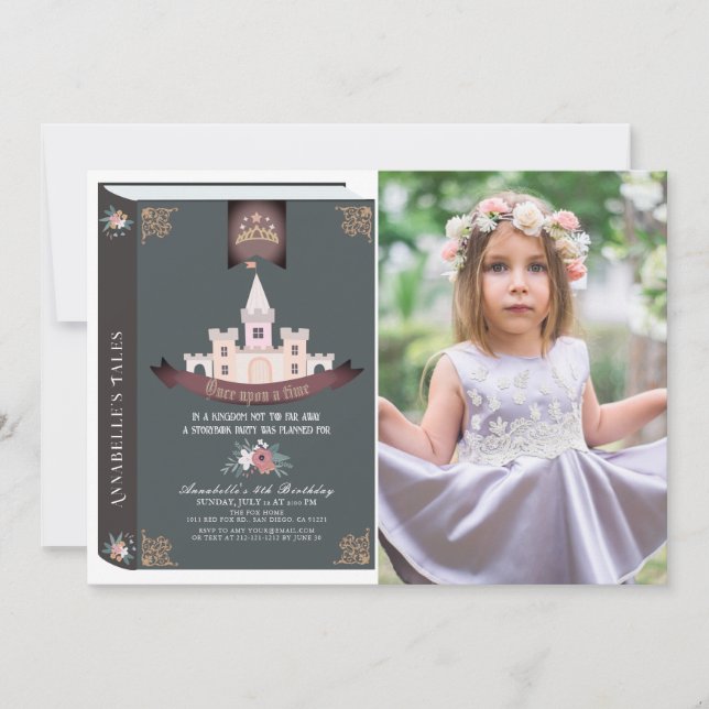 Once Upon A Time Storybook Blk Photo Birthday Invitation (Front)