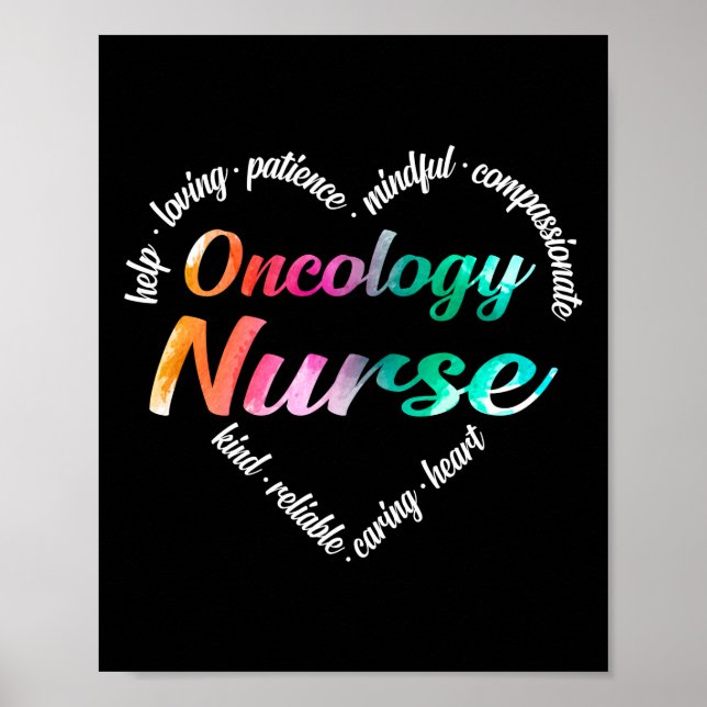 Oncology Nurse Heart Word Cloud Watercolor Rainbow Poster (Front)
