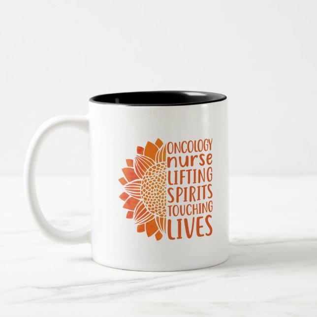 Oncology Nurse Lifting Spirits Saving Lives Two-Tone Coffee Mug (Left)