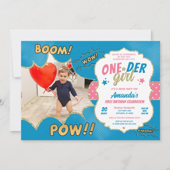 Onder Girl Blue and Pink First Birthday Photo Invitation (Front)