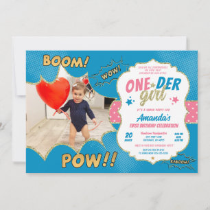 Onder Girl Blue and Pink First Birthday Photo Invitation