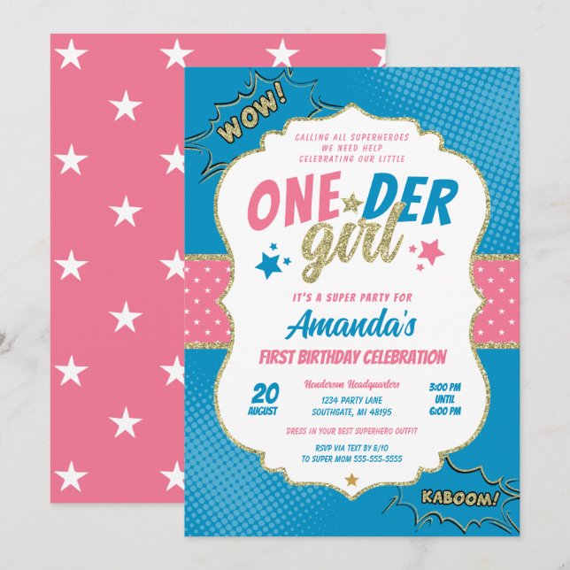 Onder Girl Pink and Blue First Birthday Invitation (Front/Back)