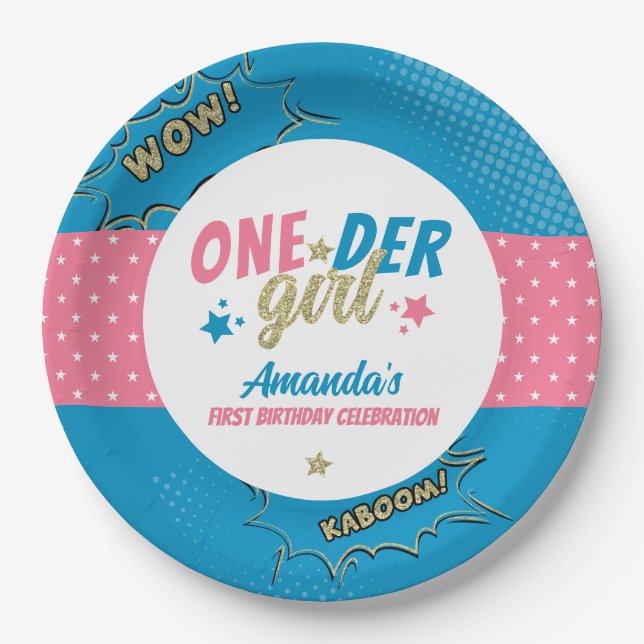 Onder Girl Pink and Blue First Birthday Paper Plate (Front)