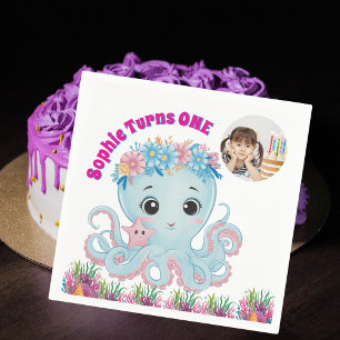 Onder-the-sea Floral Octopus 1st Birthday Photo Napkin