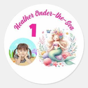 Onder-the-Sea Magical Mermaid Photo 1st Birthday Classic Round Sticker