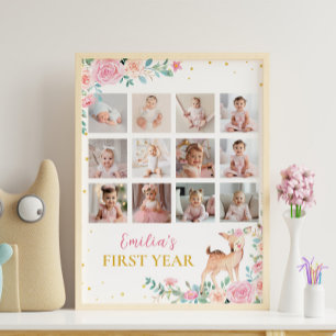 Onderful Deer Floral First Year Photo Milestone Poster