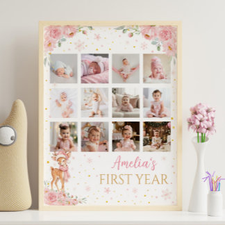 Onderful Deer Floral First Year Photo Milestone Poster