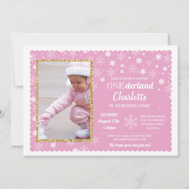 Onderland Winter Pink Snowflakes Photo Wonderland Invitation (Front)