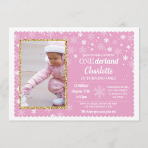 Onderland Winter Pink Snowflakes Photo Wonderland Invitation
