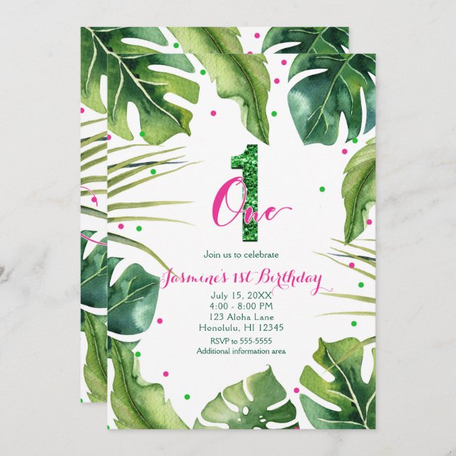 ONE 1 1st Birthday Tropical Leaves Pink Green Invitation (Front/Back)