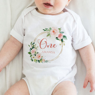 One, 1st Birthday Baby GIrl Blush Pink Floral  Bodysuit