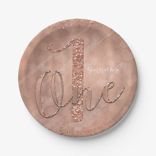 ONE 1st Birthday Faux Rose Gold Glitter Party Paper Plate (Front)