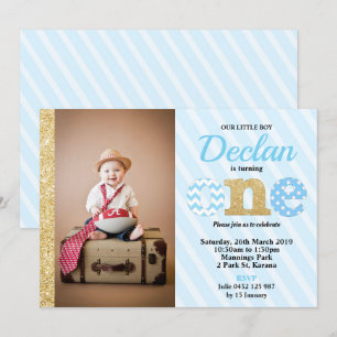 ONE 1st Birthday Party Invitations Boys Blue Gold