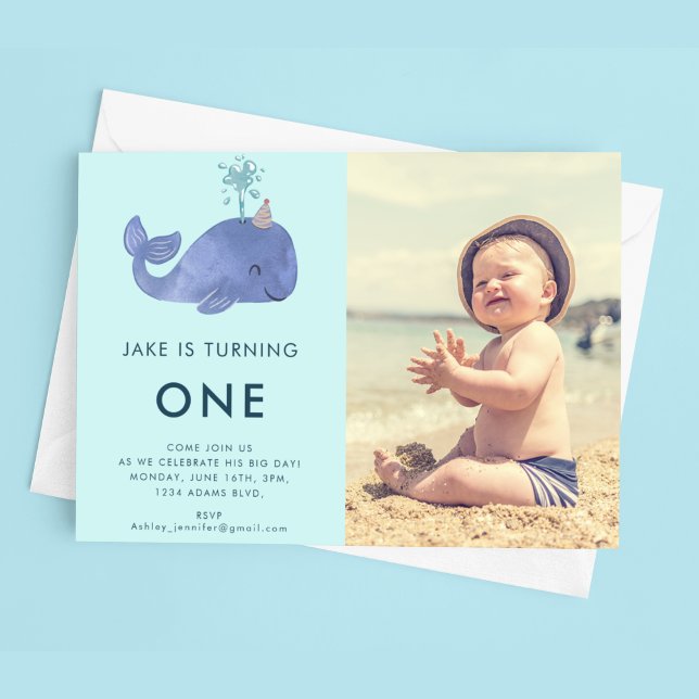 One 1st Birthday Watercolor Whale | Custom photo Invitation (Creator Uploaded)