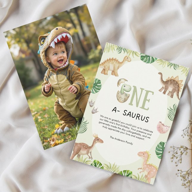 One a Saurus 1st Birthday Thank You Photo Card (Creator Uploaded)