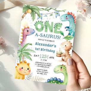 One A-Saurus Boy Dinosaur 1st Birthday Invitation