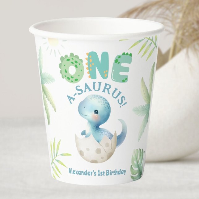 One A-Saurus Boy Dinosaur 1st Birthday Paper Cups (Creator Uploaded)