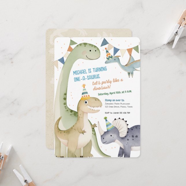 One a saurus Cute Boy 1st Birthday Dinosaur Invitation (Front/Back In Situ)