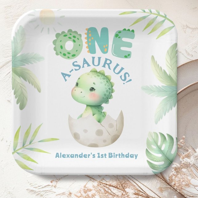 One A-Saurus Cute Dino Boy Dinosaur 1st Birthday Paper Plate (Creator Uploaded)