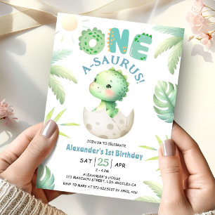One A-Saurus Cute Dinosaur 1st Birthday Invitation