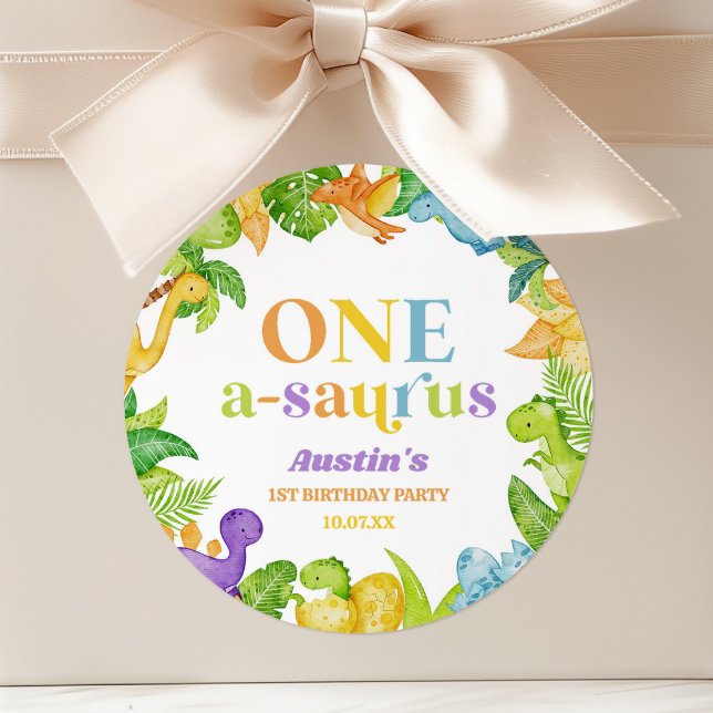 One A-Saurus Dinosaur 1st First Birthday Party Classic Round Sticker (Creator Uploaded)