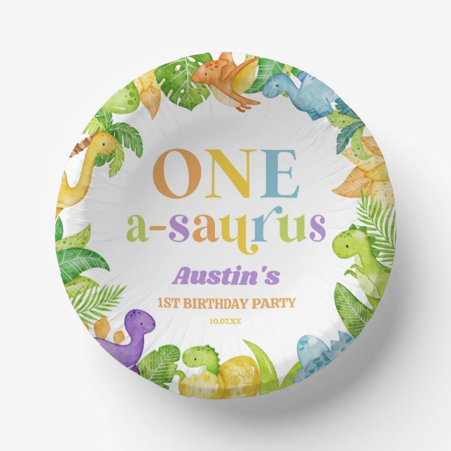 One A-Saurus Dinosaur 1st First Birthday Party Paper Plate (Front)