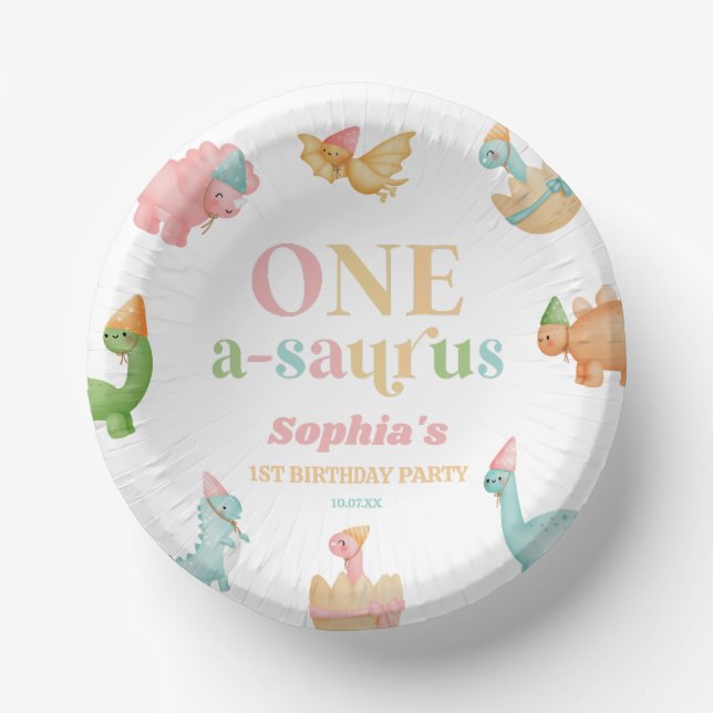 One A-Saurus Dinosaur 1st First Birthday Party Paper Plate (Front)