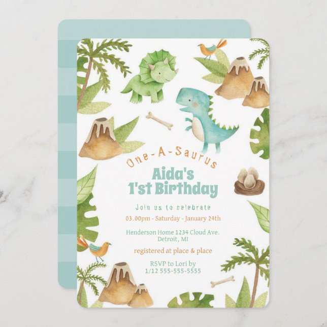 One-A-Saurus dinosaur birthday invitation (Front/Back)