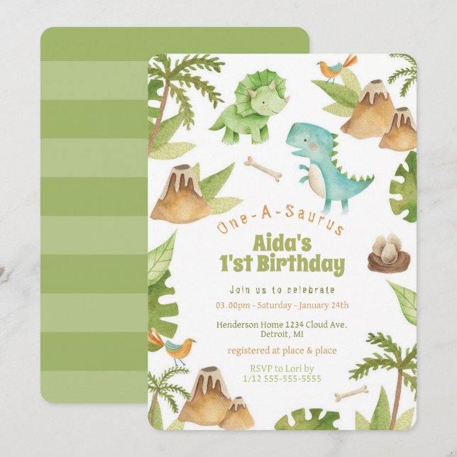 One-A-Saurus dinosaur birthday invitation (Front/Back)