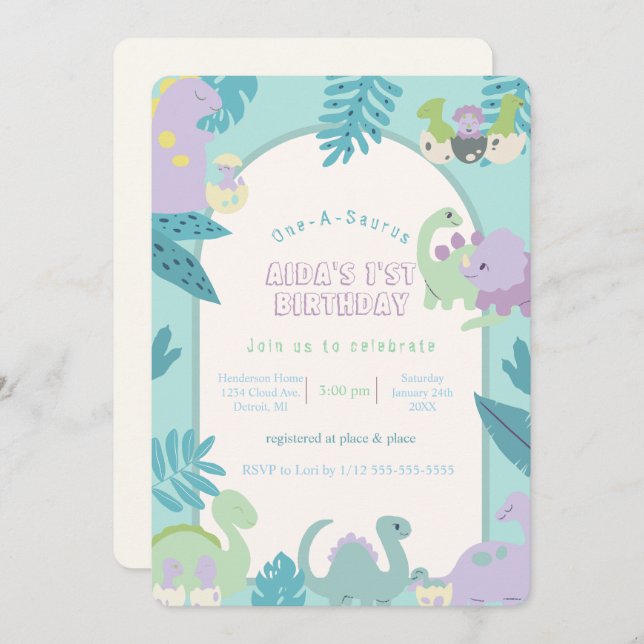 One-A-Saurus dinosaur birthday invitation (Front/Back)