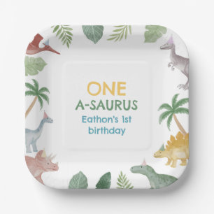 One A Saurus Dinosaur Boy Birthday Square Paper Plate