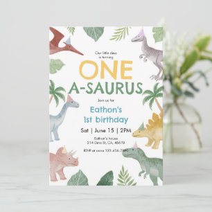 One A Saurus Dinosaur First Birthday Invitation