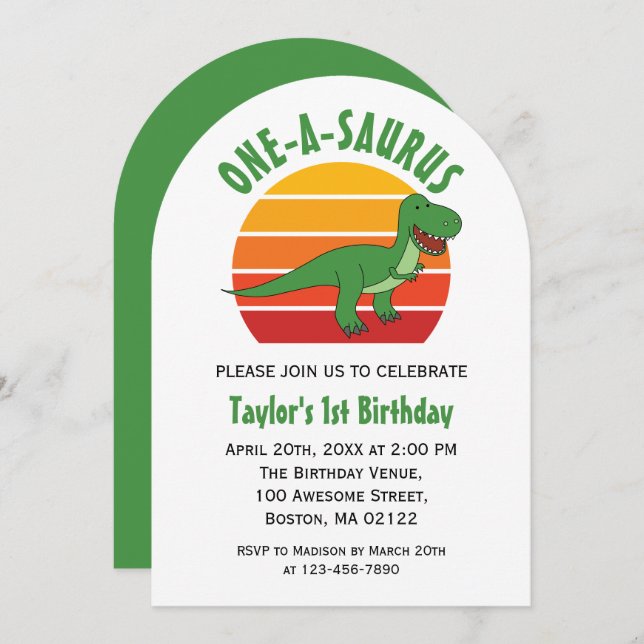 One-A-Saurus Dinosaur Gender Neutral 1st Birthday Invitation (Front/Back)