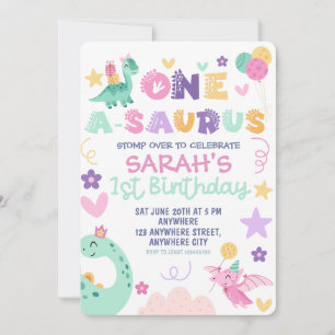 One A-Saurus Dinosaur Girl 1st Birthday Party Invitation