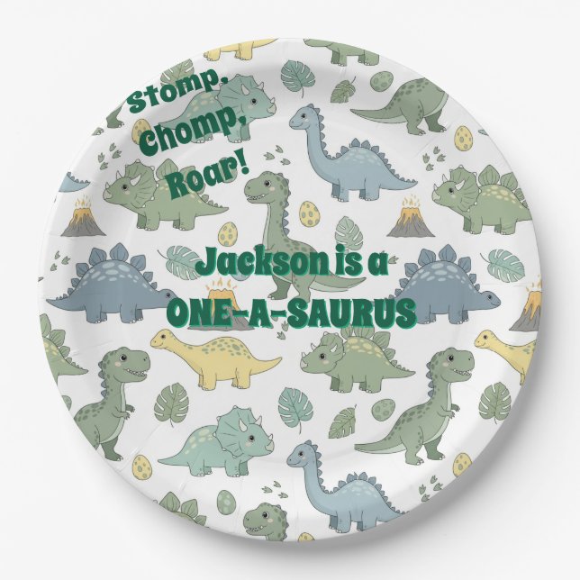 ONE-A-SAURUS Dinosaur Pattern Paper Plates (Front)