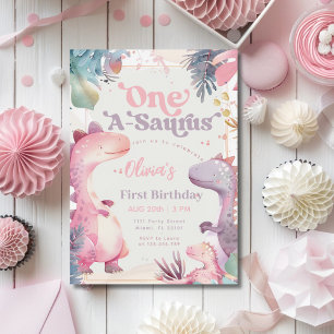 One-A-Saurus Pink Dinosaur Girl 1st First Birthday Invitation