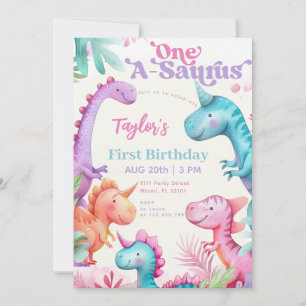 One-A-Saurus Purple Dinosaur Girl First Birthday Invitation