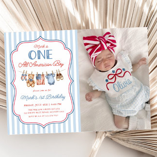 One All American Boy Patriotic 1st Birthday Photo Invitation