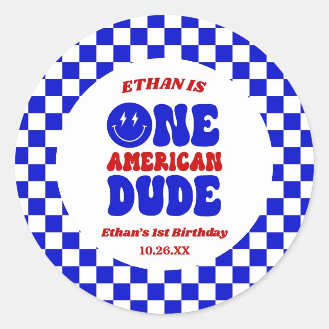 One American Dude 4th of July 1st Birthday Party Classic Round Sticker (Front)