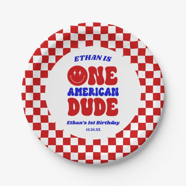 One American Dude 4th of July 1st Birthday Party Paper Plate (Front)