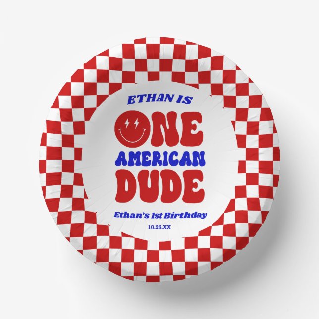 One American Dude 4th of July 1st Birthday Party Paper Plate (Front)