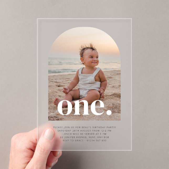 One Arched Photo First Birthday Acrylic Invitations (Insitu (Handheld))
