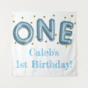 ONE Balloon Blue & Gold Party Photo Backdrop Tapestry