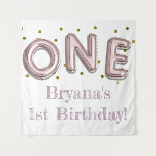 ONE Balloon Pink & Gold Party Photo Backdrop Tapestry