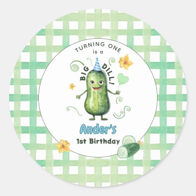 One Big Dill Pickle First Birthday Blue Classic Round Sticker (Front)