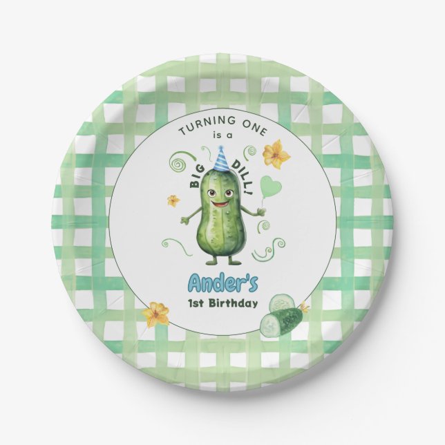 One Big Dill Pickle First Birthday Blue Paper Plate (Front)