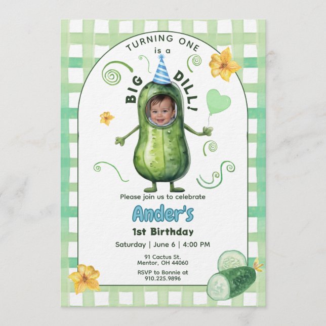 One Big Dill Pickle First Birthday Blue Photo Invitation (Front)
